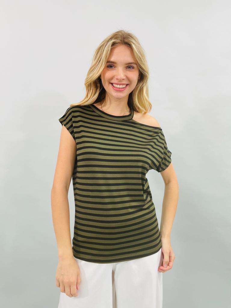striped one open shoulder knit top