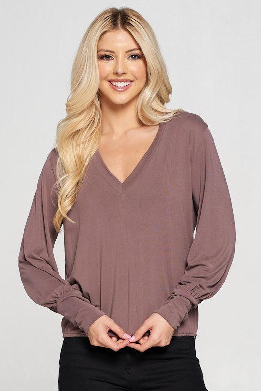 modal sand washed knit v neck top with cuffed puff sleeve