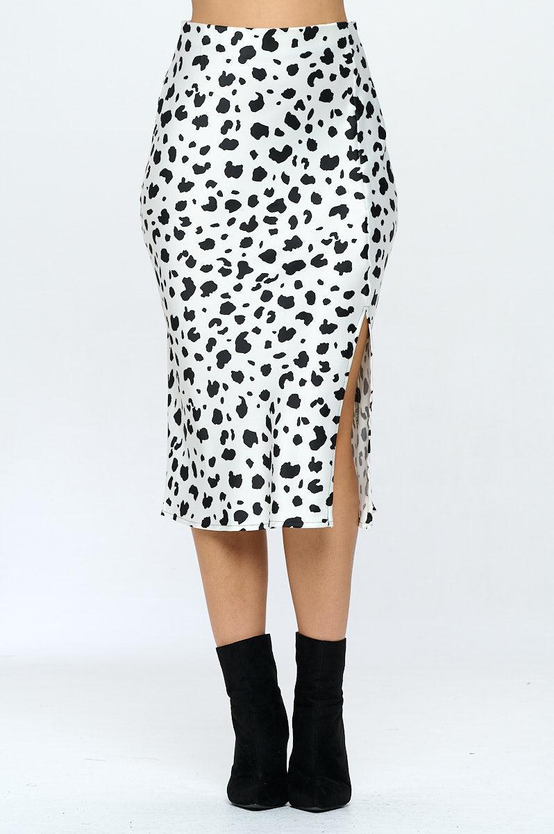 satin leopard print midi skirt with slit