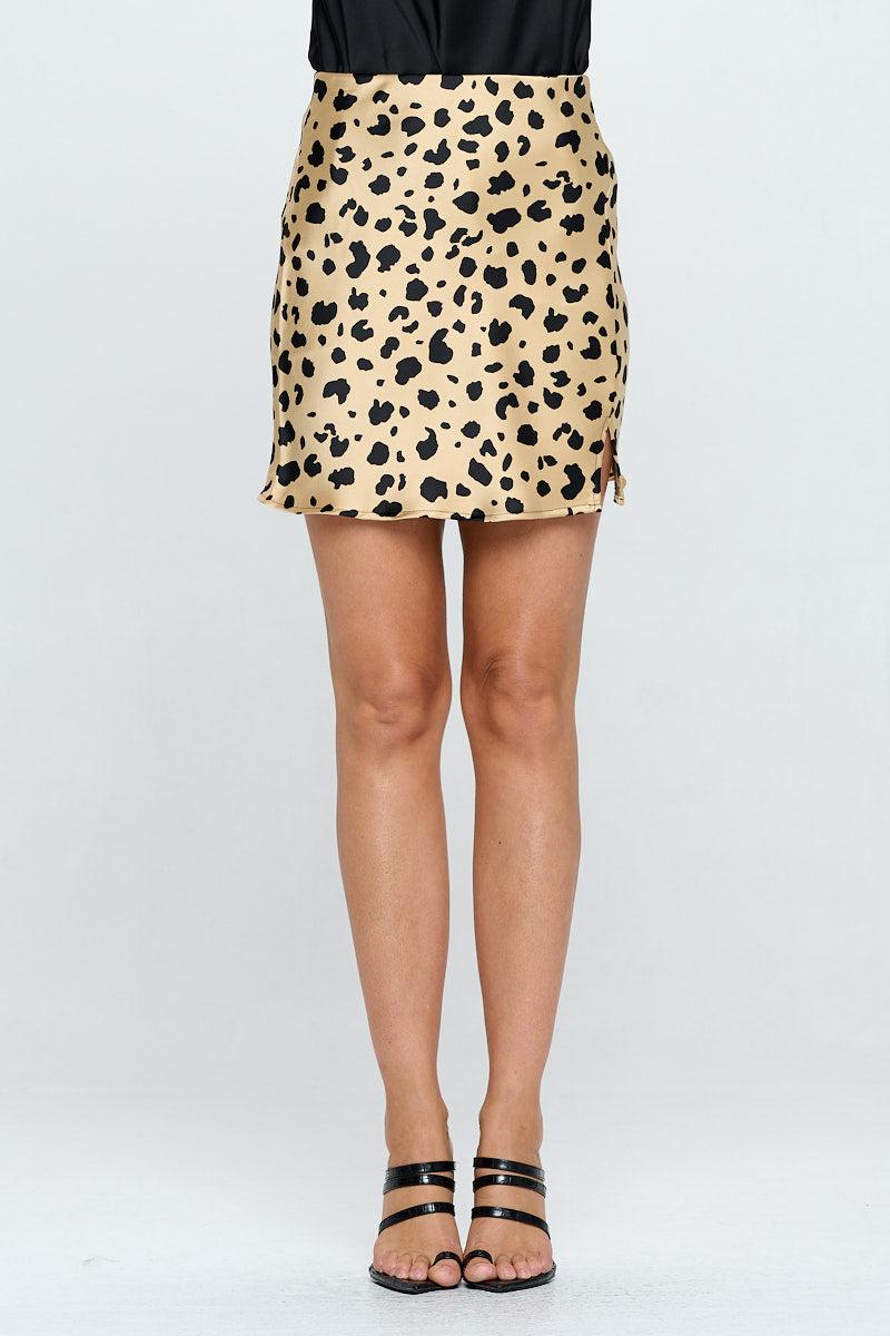 leopard print satin mini skirt with slit