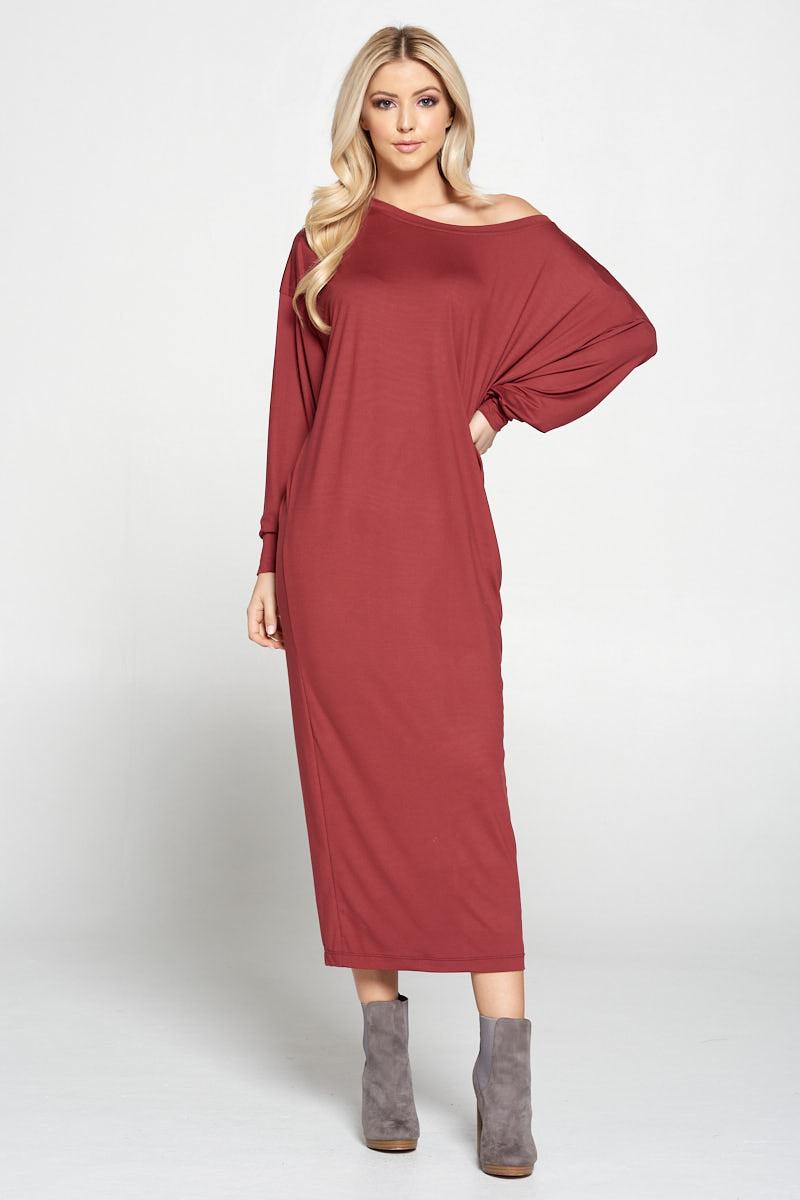 solid long sleeve maxi dress with cuffed sleeve