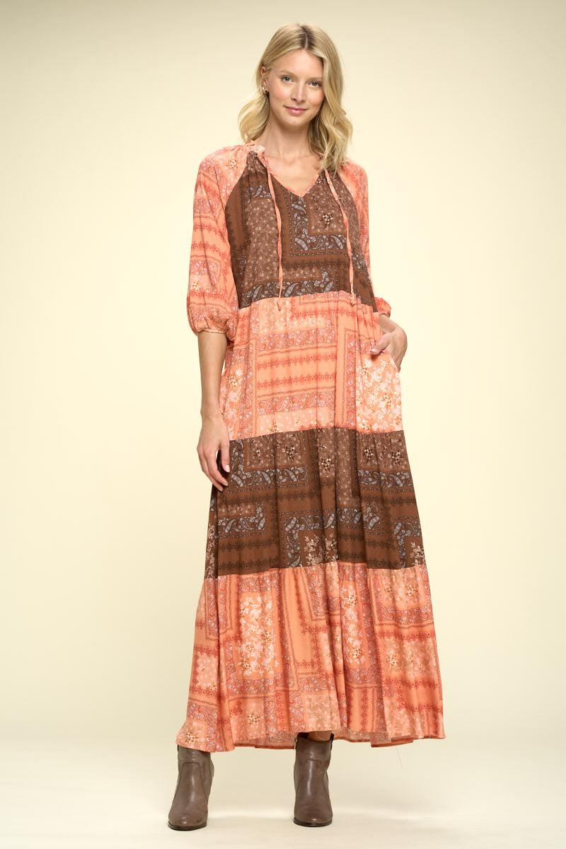 paisley maxi tier dress with tie collar