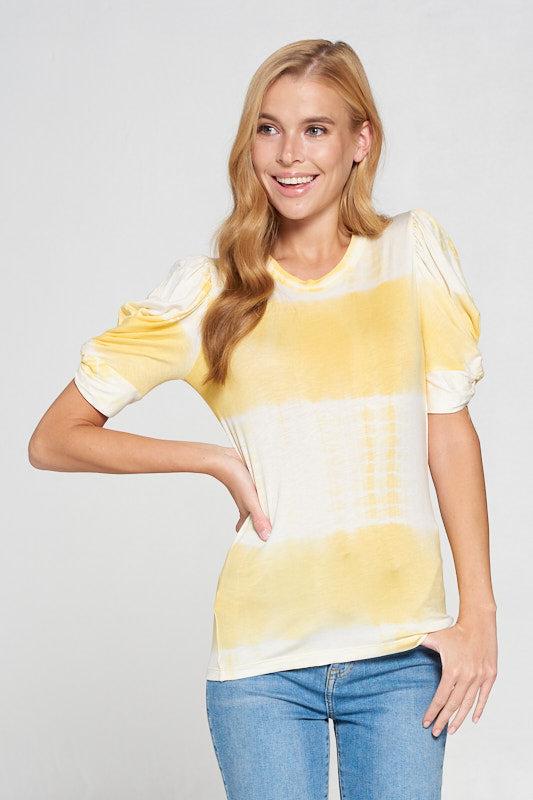 tie dye short puff sleeve top with knot detail