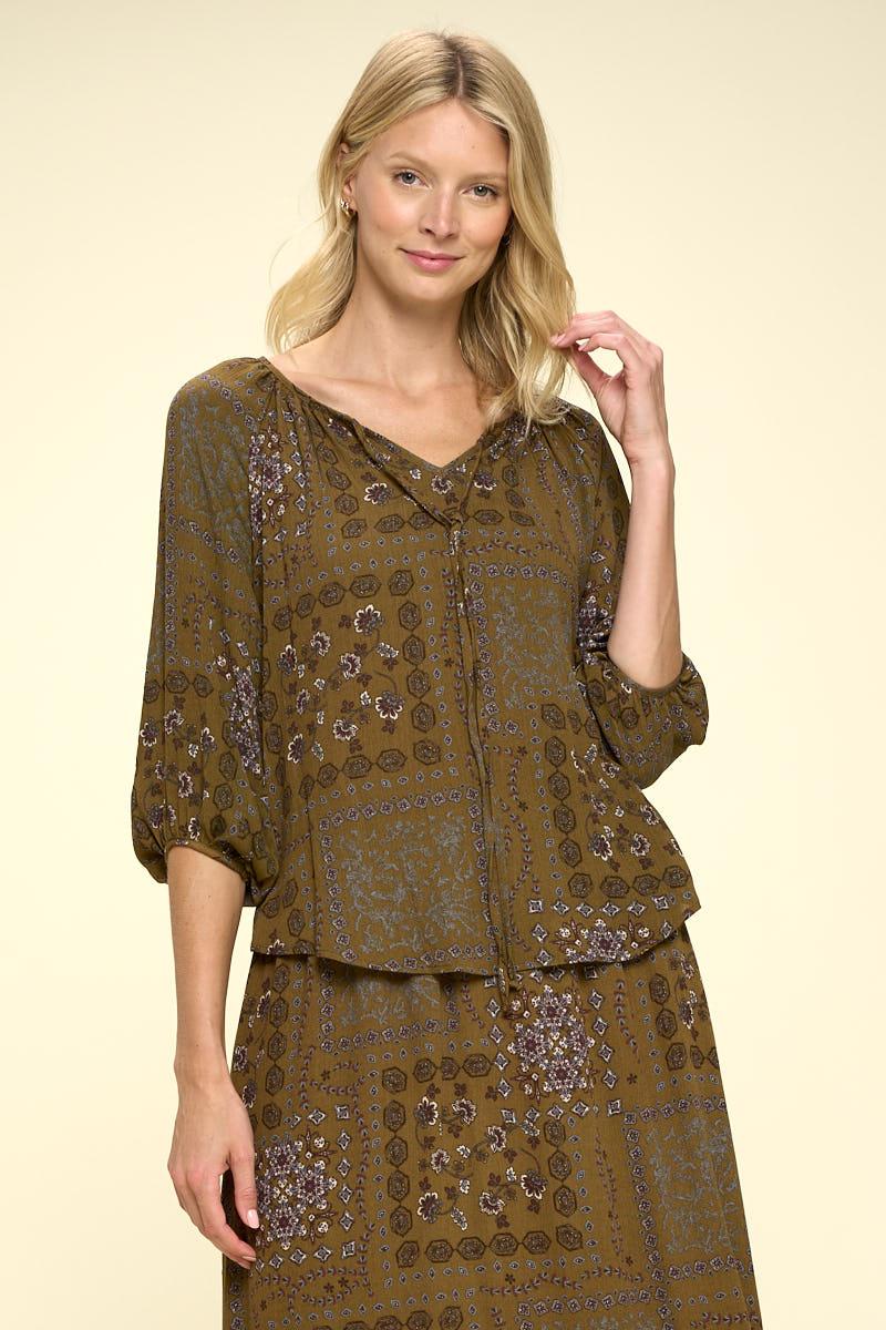 paisley patch print top with tie